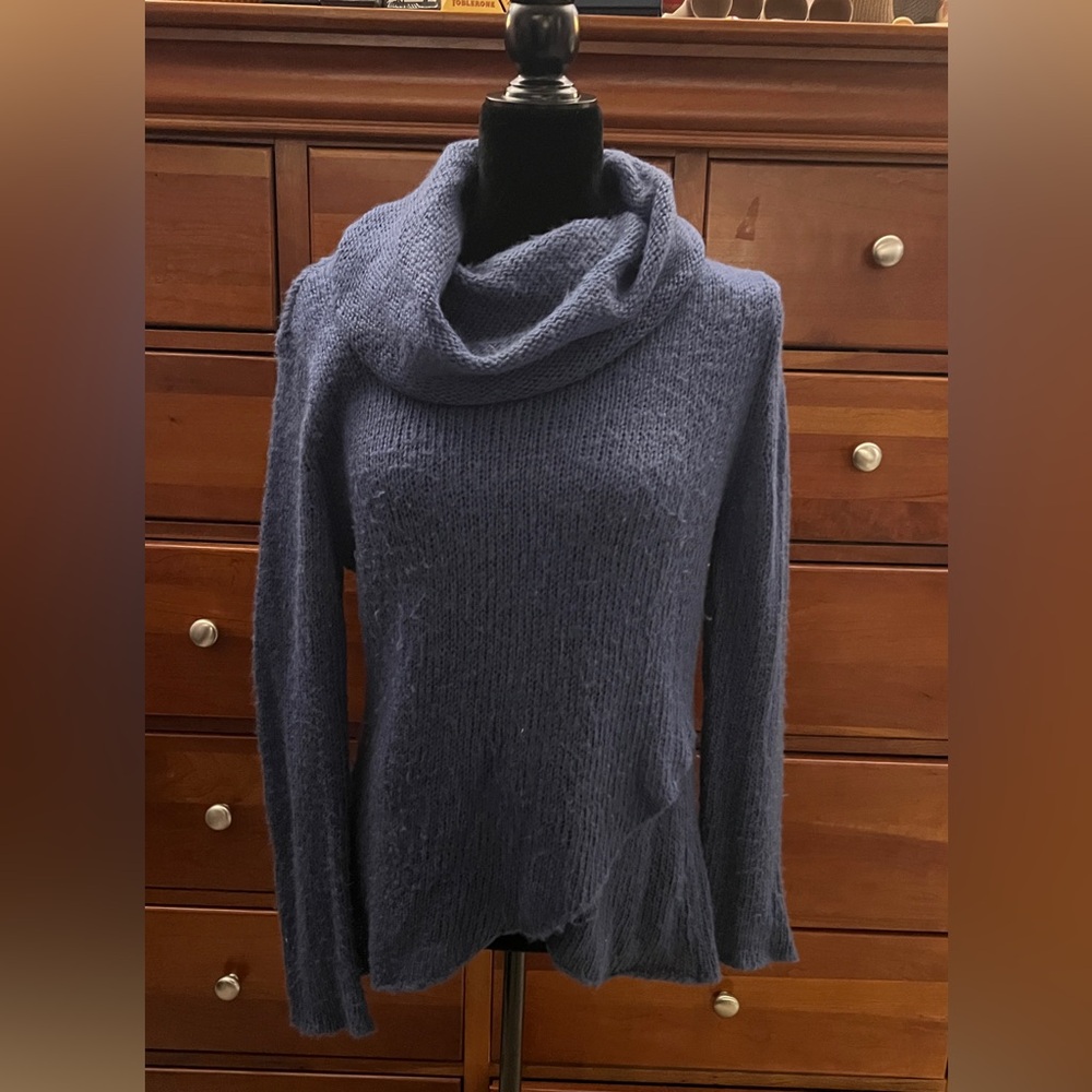 Wooden Ships cowl neck,loose woven knit sweater w/asymmetrical cross hem,blue